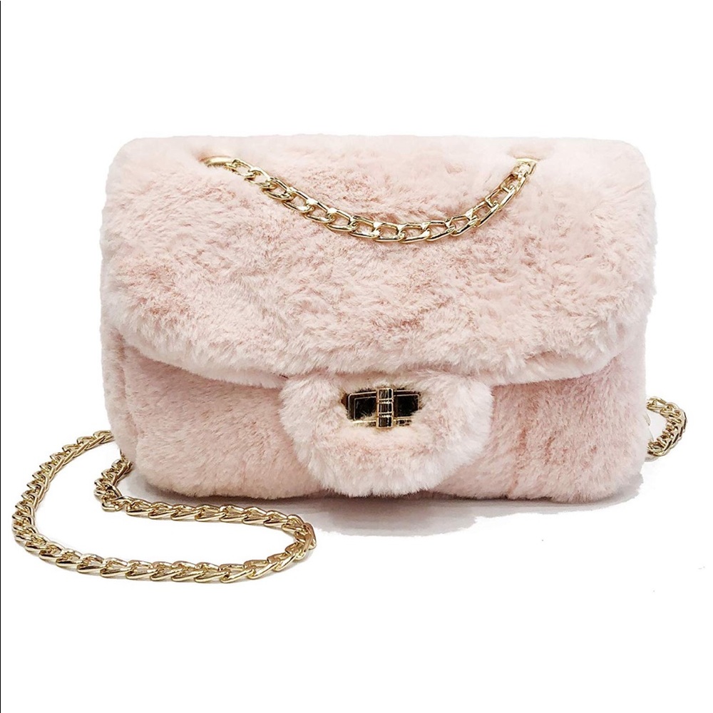 Faux Fur Fuzzy Handbag Purse with Chain Strap